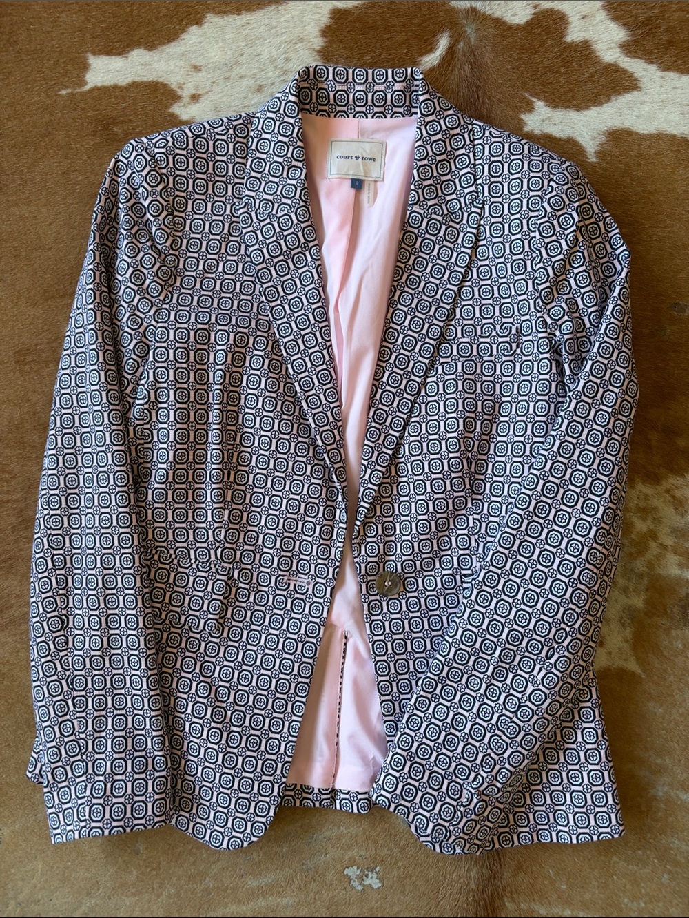 Pink and Navy Geometric Blazer with Pink Lining